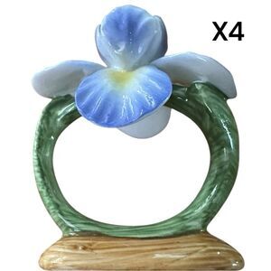Vintage PIA 1986 bone china blue Iris napkin ring holders set of 4. Hand painted